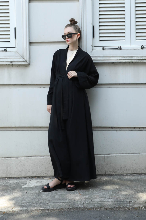Manşeti Nervürlü Abaya Siyah - 5