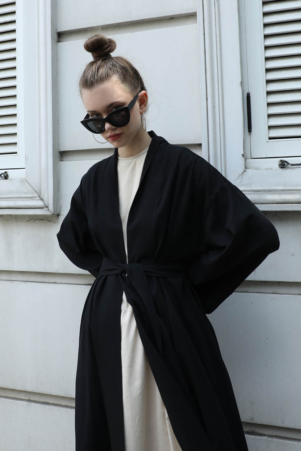 Manşeti Nervürlü Abaya Siyah - 6