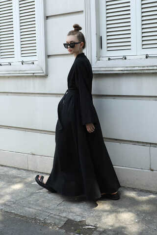 Manşeti Nervürlü Abaya Siyah - 8