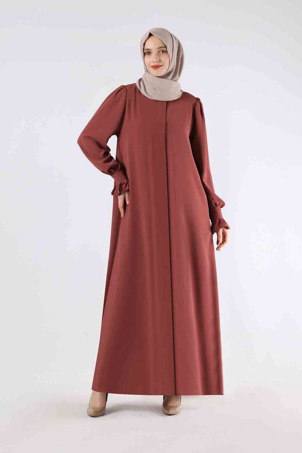 Manşeti Pileli Elbise Ferace Kiremit - 3