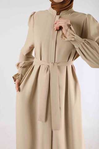 Manşeti Pileli Elbise Ferace Krem - 4