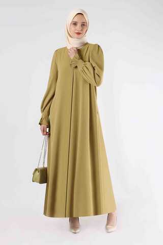 Manşeti Pileli Elbise Ferace Yağ Yeşili - 3