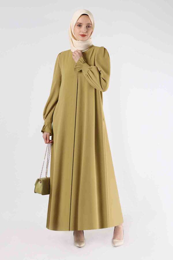 Manşeti Pileli Elbise Ferace Yağ Yeşili - 3