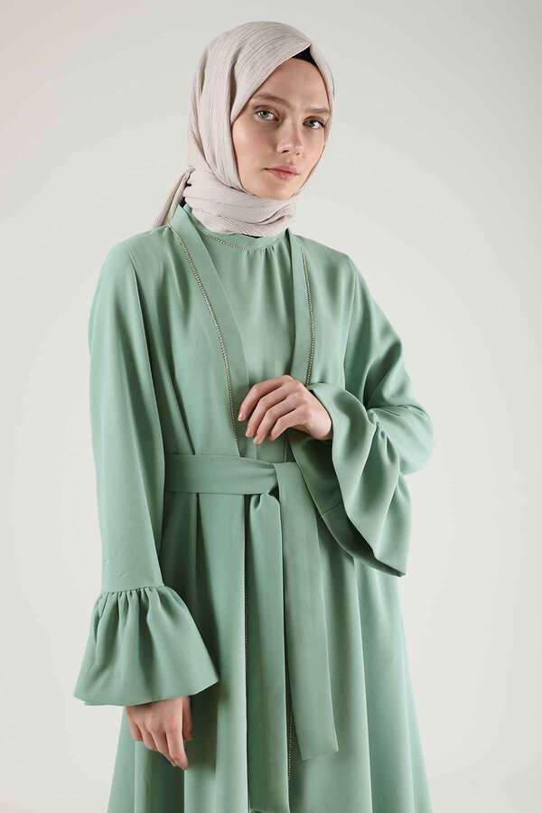 Manşeti Volanlı Taşlı Abaya Takım Mint - 2