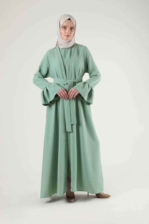 Manşeti Volanlı Taşlı Abaya Takım Mint - 3