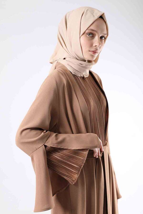 Manşeti Yırtmaçlı Abaya Takım Camel - 2