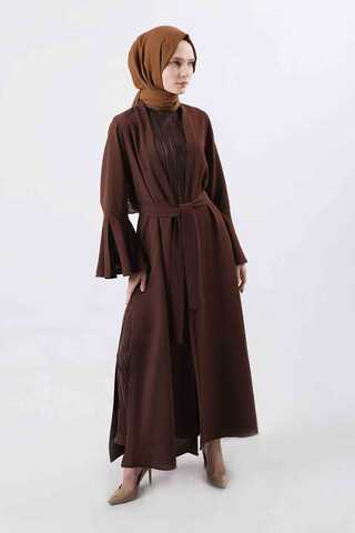 Manşeti Yırtmaçlı Abaya Takım Kahve - 3