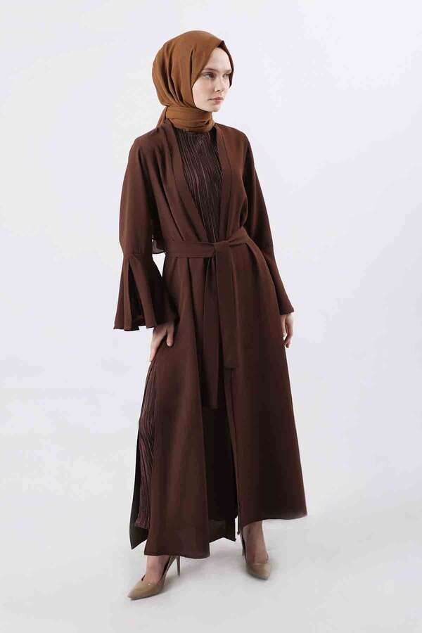 Manşeti Yırtmaçlı Abaya Takım Kahve - 3