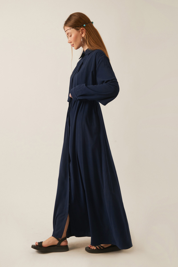 Medine İpeği Elbise Koyu Lacivert - 2