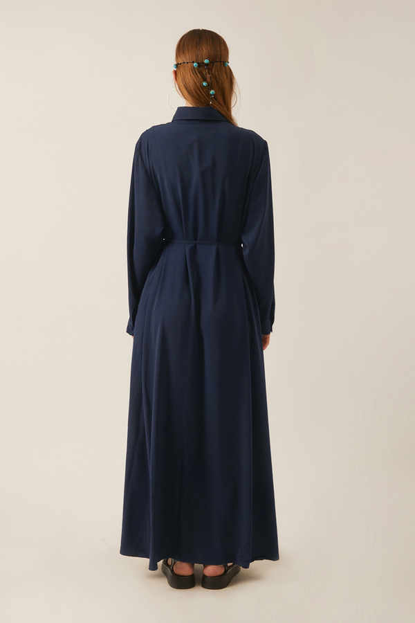 Medine İpeği Elbise Koyu Lacivert - 6