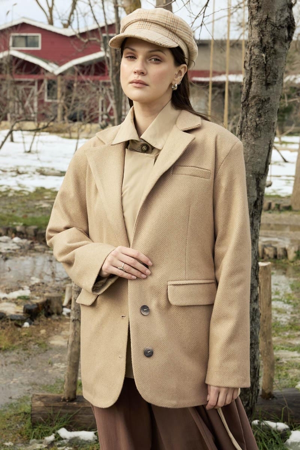 Melton Blazer Jacket Beige - 4