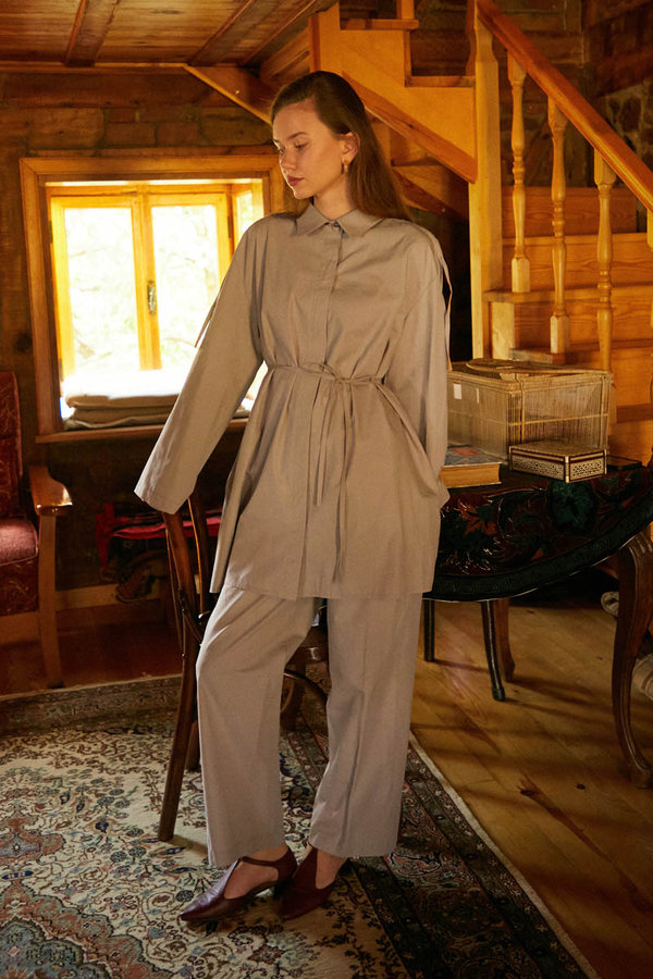 Mink Trouser Set with Gathered Shoulder Detail 