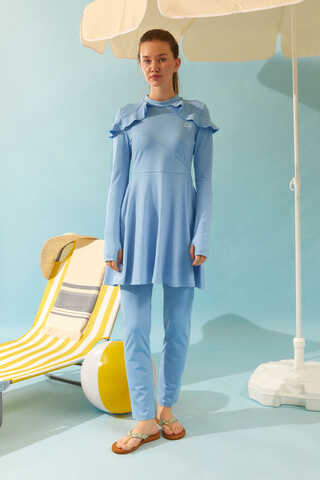 Modest Swimsuit Set with Ruffled Shoulders Baby Blue - 2