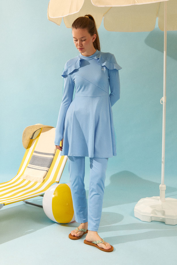 Modest Swimsuit Set with Ruffled Shoulders Baby Blue - 5