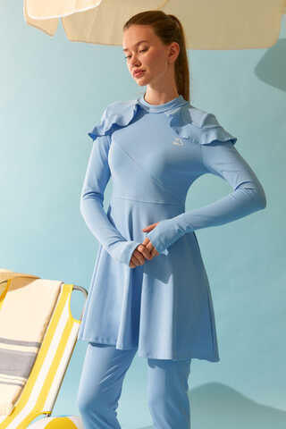 Modest Swimsuit Set with Ruffled Shoulders Baby Blue - 3