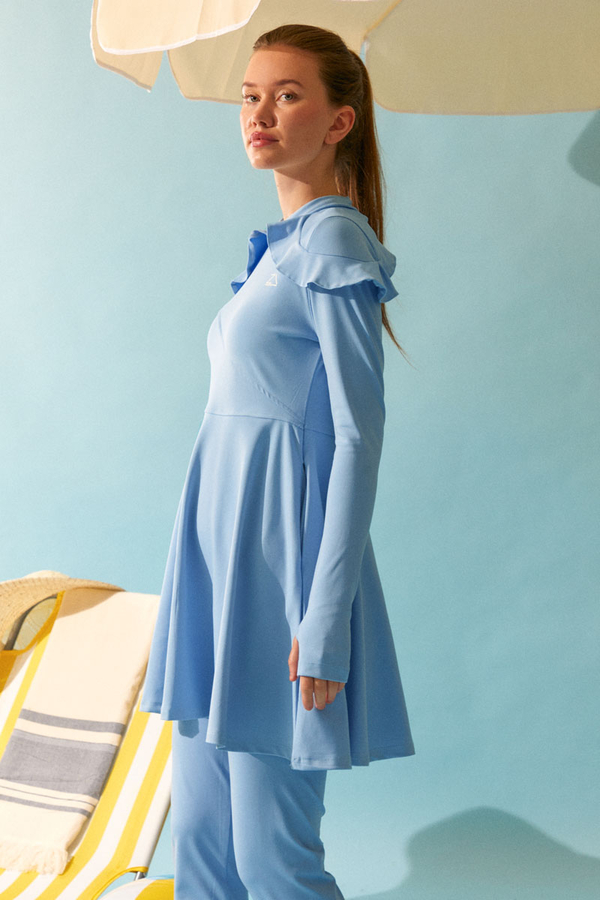 Modest Swimsuit Set with Ruffled Shoulders Baby Blue - 10