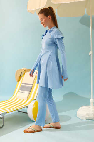 Modest Swimsuit Set with Ruffled Shoulders Baby Blue - 12