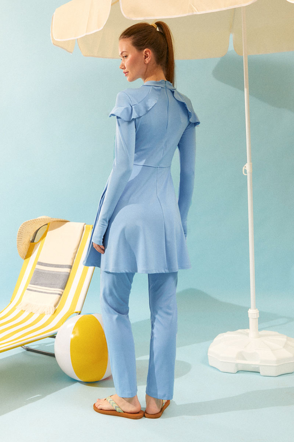 Modest Swimsuit Set with Ruffled Shoulders Baby Blue - 15