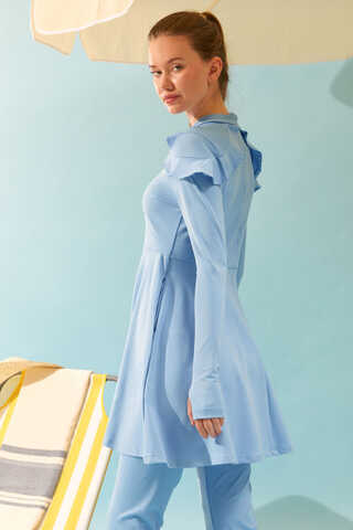 Modest Swimsuit Set with Ruffled Shoulders Baby Blue - 16