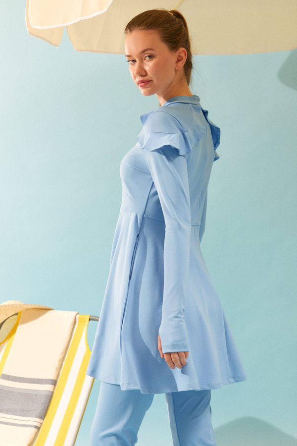 Modest Swimsuit Set with Ruffled Shoulders Baby Blue - 16