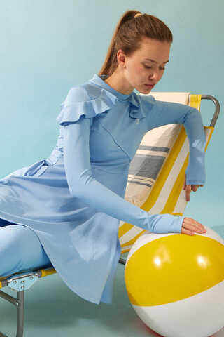 Modest Swimsuit Set with Ruffled Shoulders Baby Blue - 8