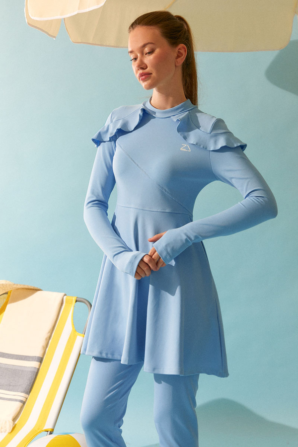 Modest Swimsuit Set with Ruffled Shoulders Baby Blue - 3