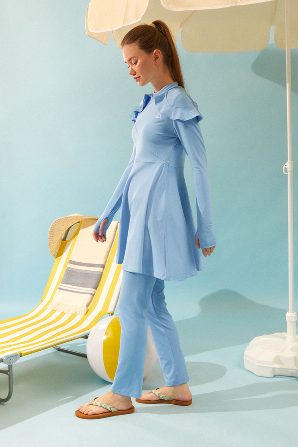 Modest Swimsuit Set with Ruffled Shoulders Baby Blue - 12