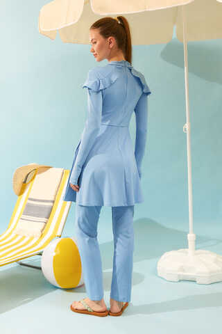 Modest Swimsuit Set with Ruffled Shoulders Baby Blue - 15