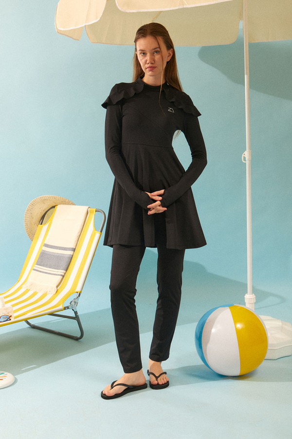 Modest Swimsuit Set with Ruffled Shoulders Black 