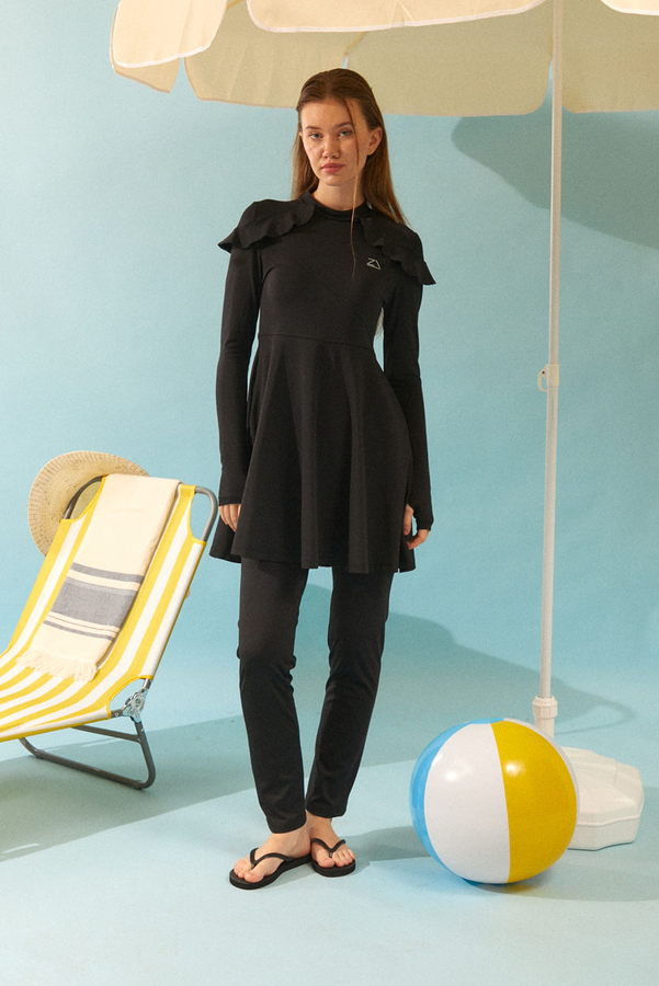 Modest Swimsuit Set with Ruffled Shoulders Black - 2