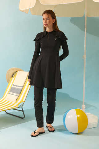 Modest Swimsuit Set with Ruffled Shoulders Black - 3