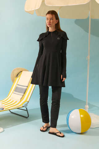 Modest Swimsuit Set with Ruffled Shoulders Black - 5