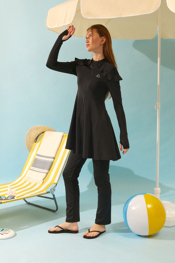 Modest Swimsuit Set with Ruffled Shoulders Black - 6