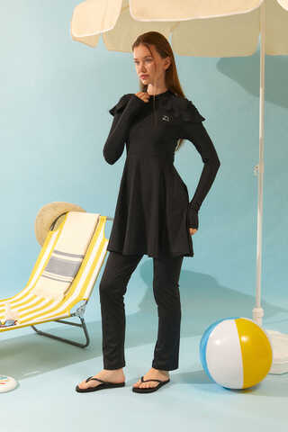 Modest Swimsuit Set with Ruffled Shoulders Black - 7