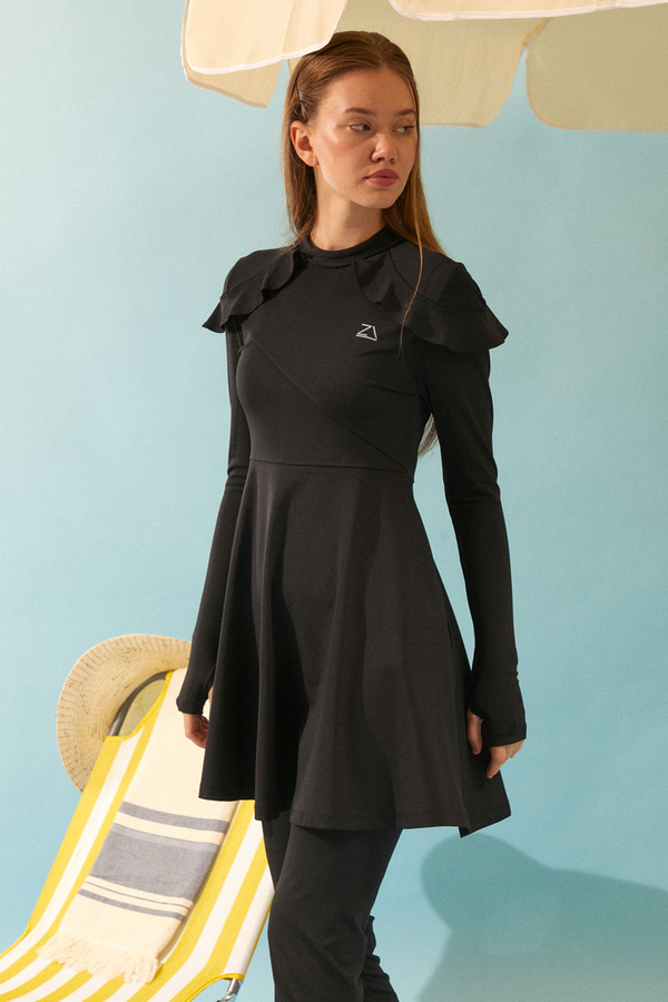 Modest Swimsuit Set with Ruffled Shoulders Black - 8