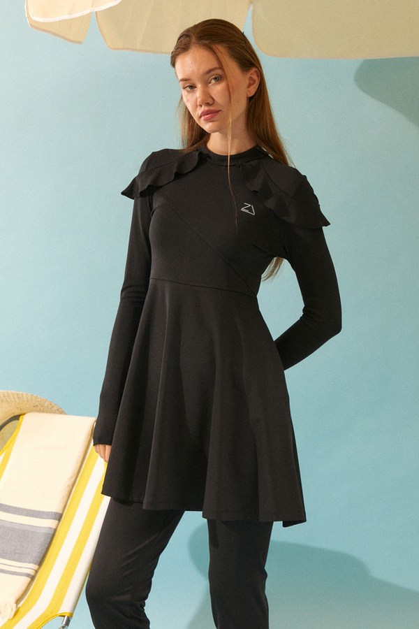 Modest Swimsuit Set with Ruffled Shoulders Black - 9