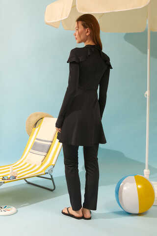 Modest Swimsuit Set with Ruffled Shoulders Black - 15