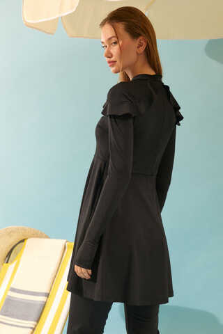 Modest Swimsuit Set with Ruffled Shoulders Black - 14