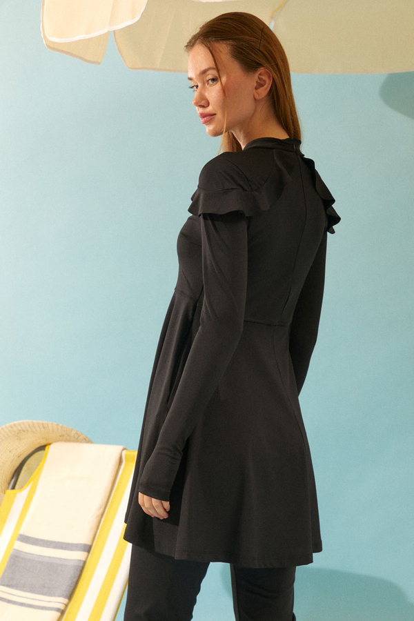 Modest Swimsuit Set with Ruffled Shoulders Black - 14