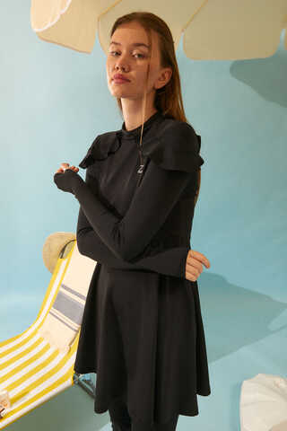 Modest Swimsuit Set with Ruffled Shoulders Black - 10