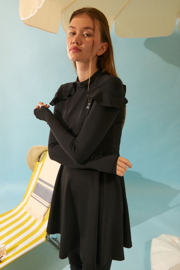 Modest Swimsuit Set with Ruffled Shoulders Black - 10