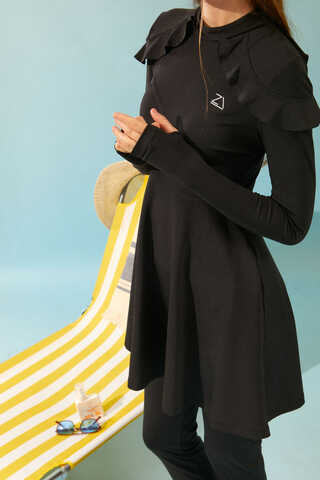 Modest Swimsuit Set with Ruffled Shoulders Black - 11