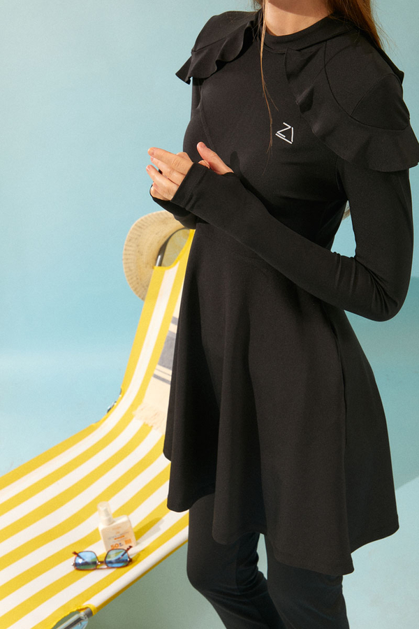 Modest Swimsuit Set with Ruffled Shoulders Black - 11