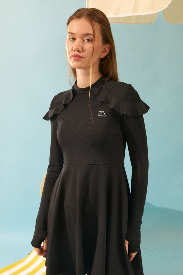 Modest Swimsuit Set with Ruffled Shoulders Black - 13