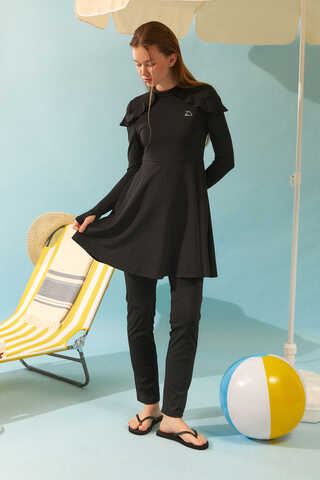 Modest Swimsuit Set with Ruffled Shoulders Black - 4