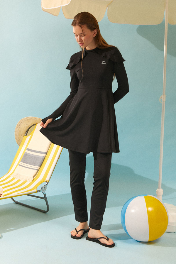 Modest Swimsuit Set with Ruffled Shoulders Black - 4
