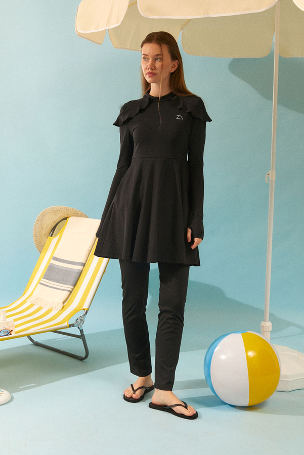 Modest Swimsuit Set with Ruffled Shoulders Black - 5