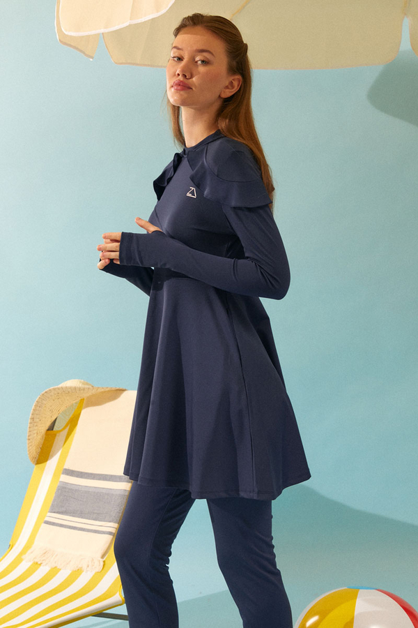  Modest Swimsuit Set with Ruffled Shoulders Navy Blue 