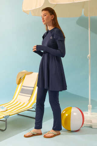  Modest Swimsuit Set with Ruffled Shoulders Navy Blue - 3