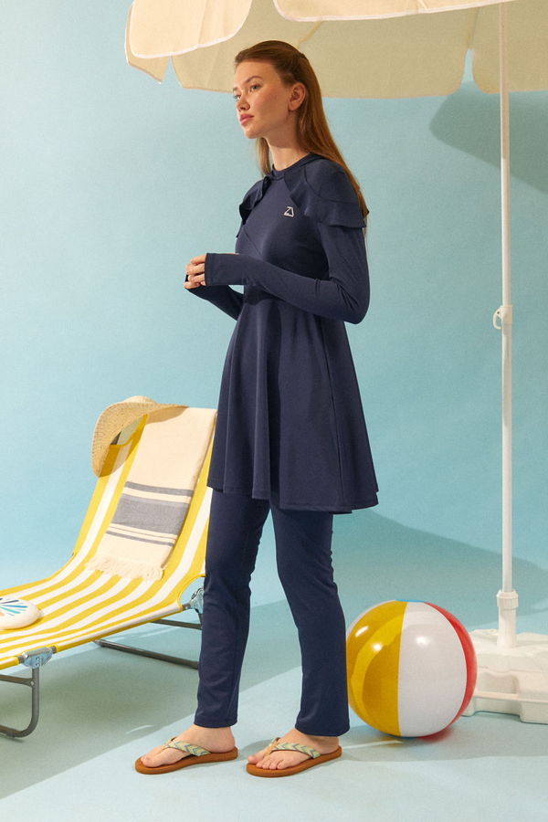  Modest Swimsuit Set with Ruffled Shoulders Navy Blue - 3